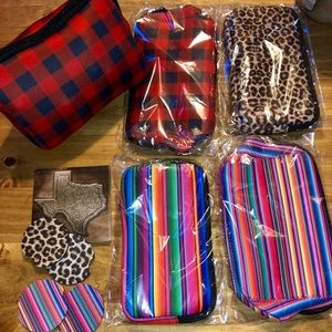Makeup bag and car coasters